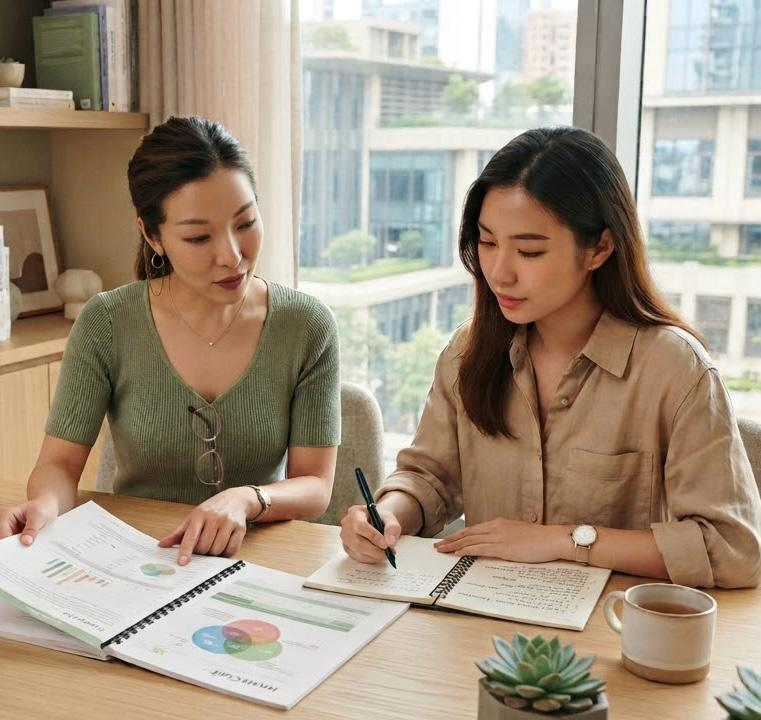 Two people reviewing a printed report together at a table